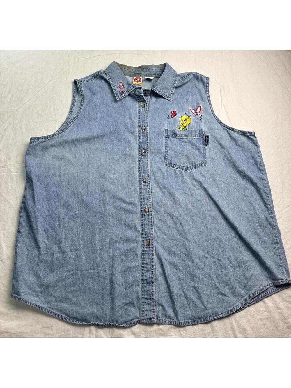 🦋 Vtg 90s Looney Tunes Tweety Y2K Sleeveless Womens Tank Top Denim 24W 25-6 🐥 - Picture 2 of 8
